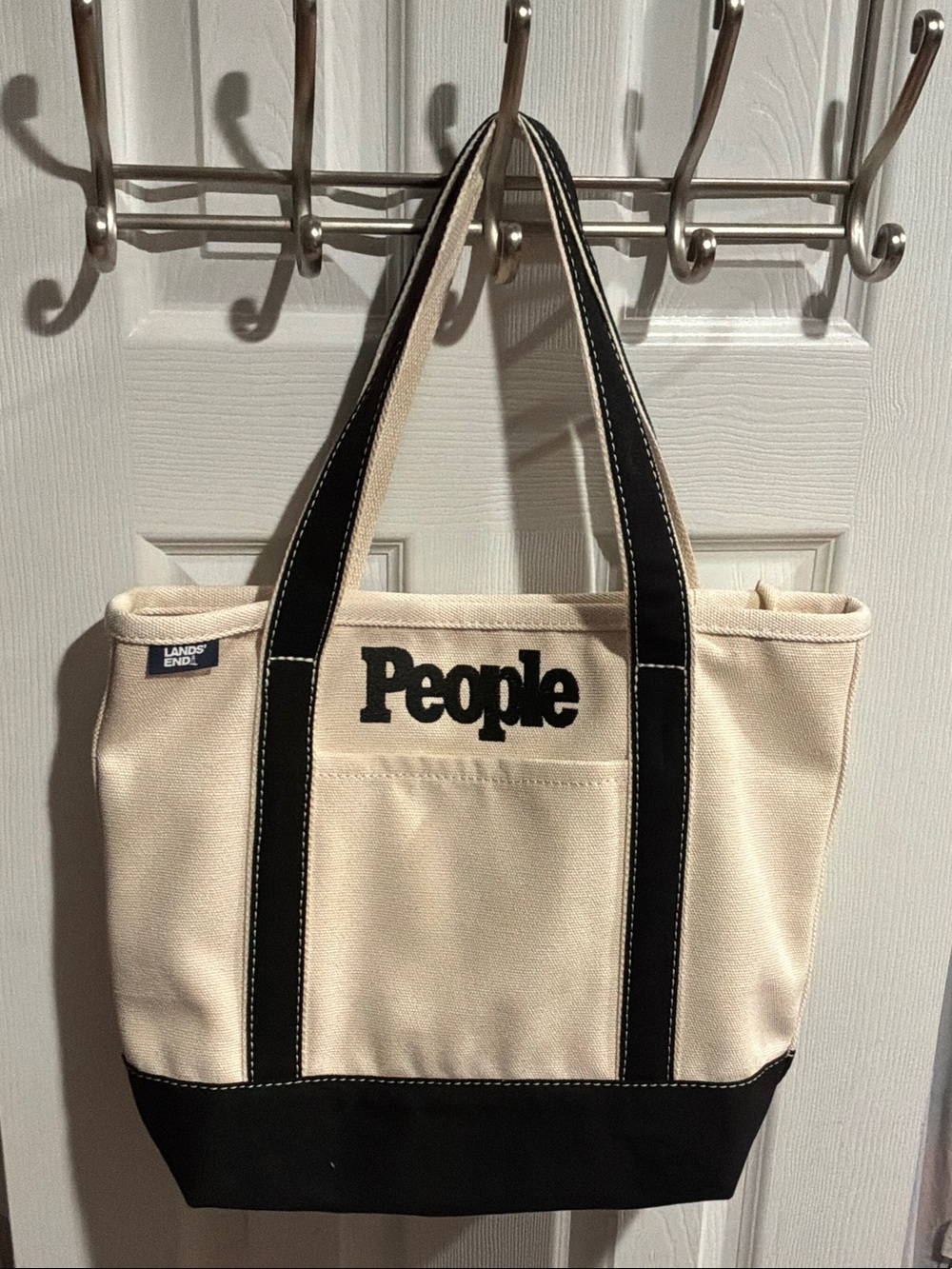 Lands' End Cream and Black Canvas Tote with 'People' Logo